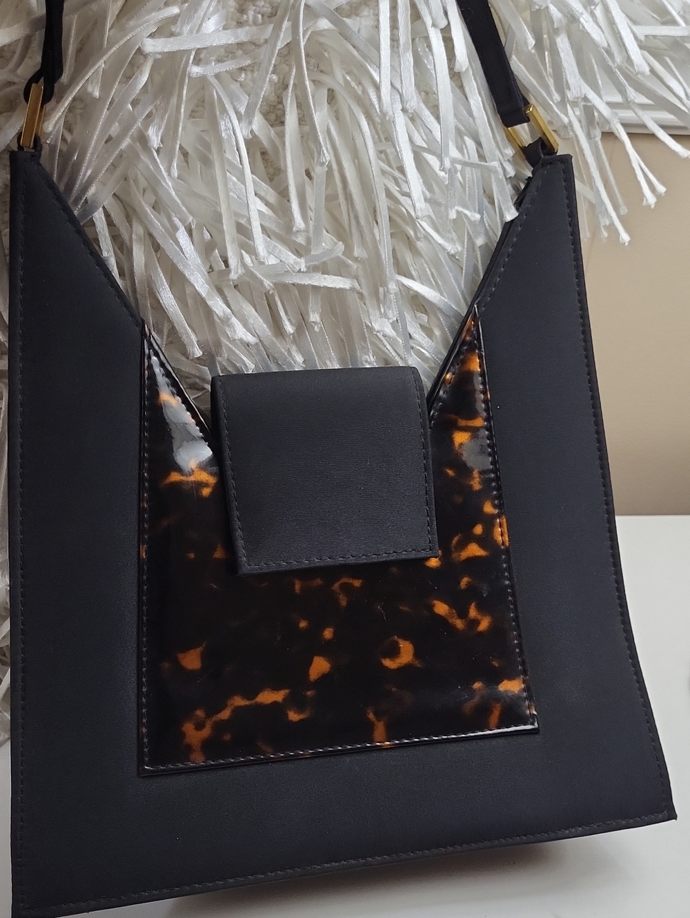 Black Shoulder Bag with Tortoiseshell Accent